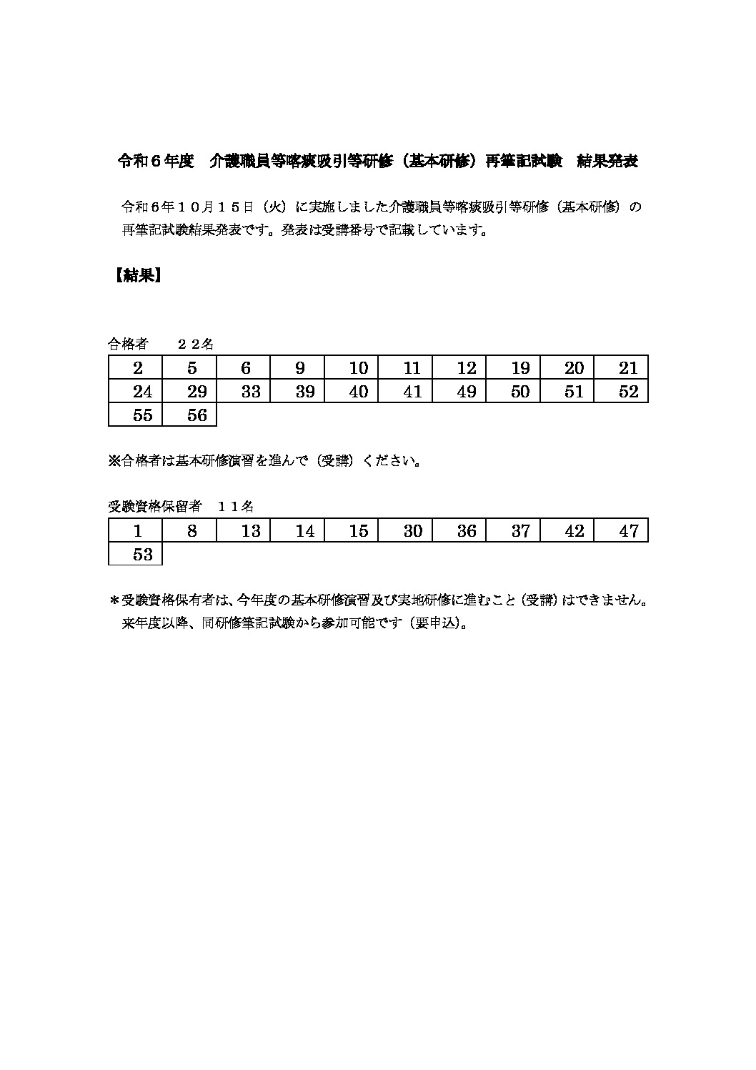 令和6年度　介護職員等喀痰吸引等研修　第１・２号（基本研修）　再筆記試験　結果発表のサムネイル